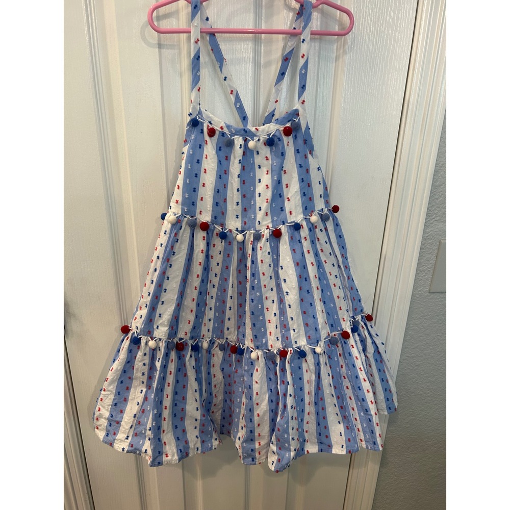 Tommy Bahama Sundress‎ Blue White Striped Pom-Pom Tiered Patriotic Summer 10